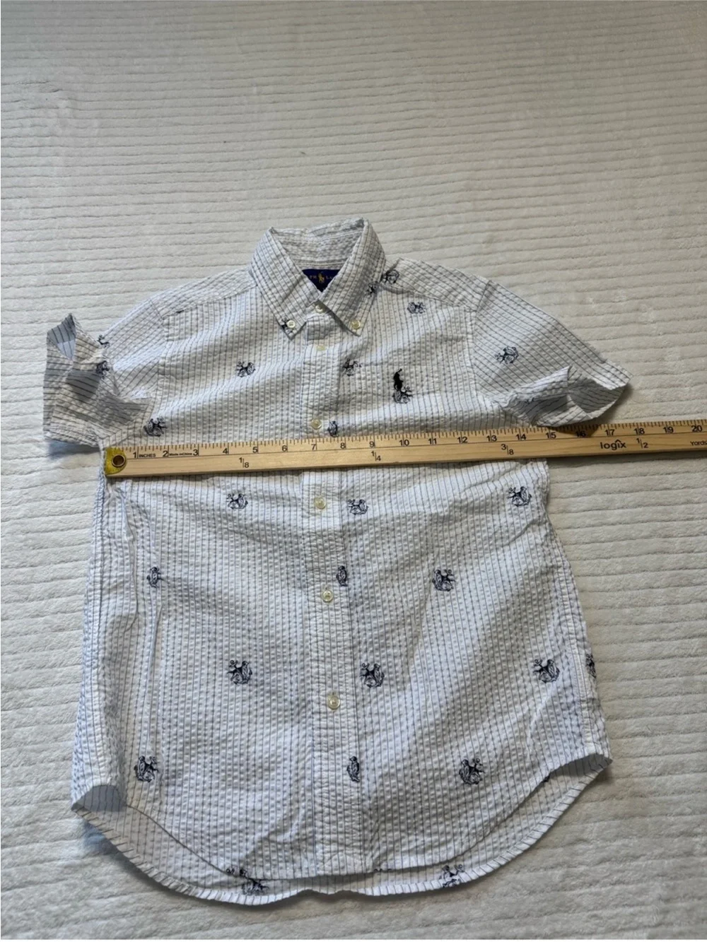 Ralph Lauren White Short-Sleeve Seersucker Button-Down with Navy Pony Embroidery